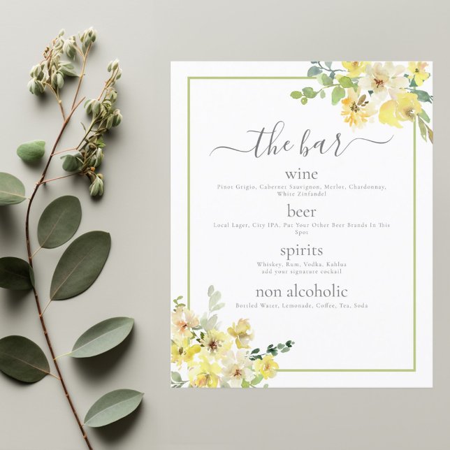 Elégant Jaune Floral Sage Green Mariage Bar Menu (Créateur téléchargé)