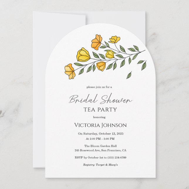 Elégant Jaune Floral Tea Party Invitation douche (Devant)