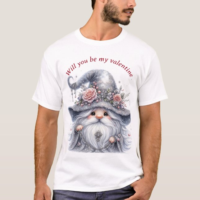 Elégant joli floral argent valentine gnome T-shirt (Devant)