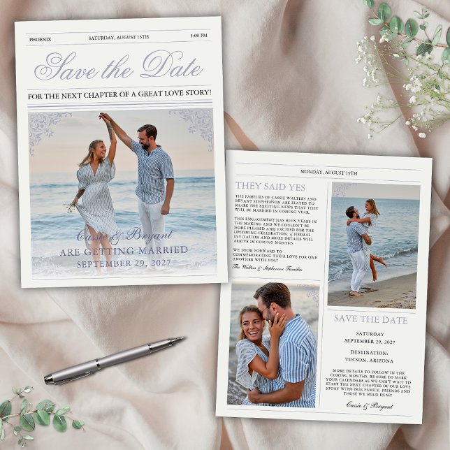 Élégant journal Mariage violet Enregistrer la date (Lavender purple unique newspaper save the date for wedding engagement with vintage elegant theme)