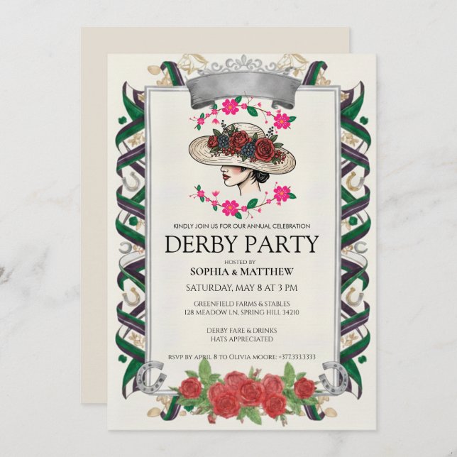 Elegant Kentucky Derby Party Floral Invitation (Devant / Derrière)