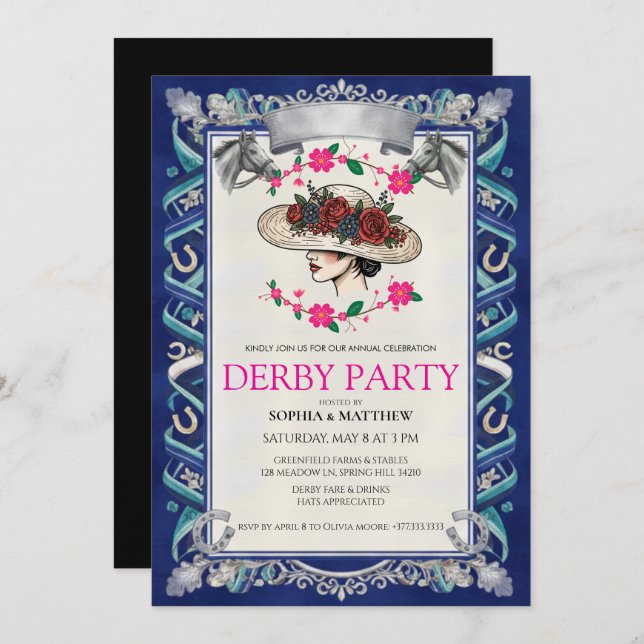 Elegant Kentucky Derby Party Floral Invitation (Devant / Derrière)