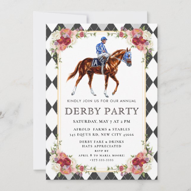 Elegant Kentucky Derby Party Invitation with Horse (Devant)