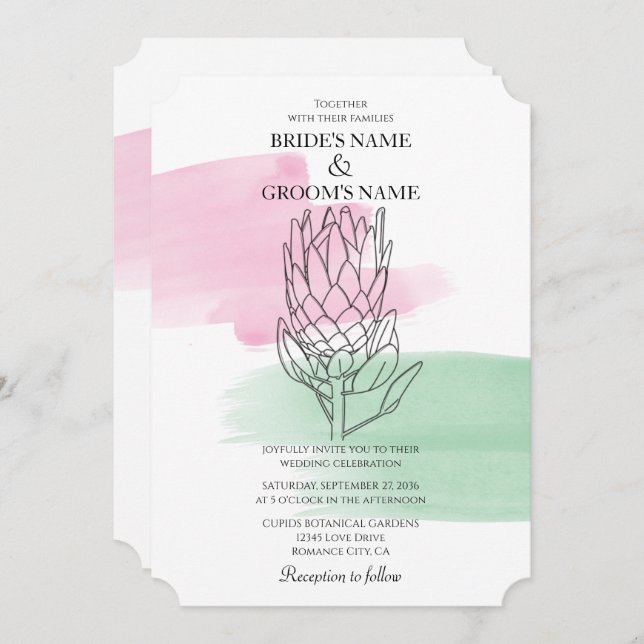 Elégant King Protea Aquarelle mariage invitations (Devant / Derrière)