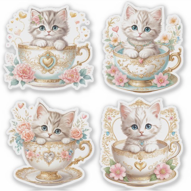 Élégant Kitten en Stickers Teacup - Design floral (Devant)