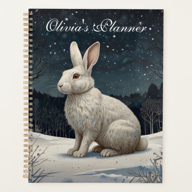 Elégant lapin blanc Noël forêt enneigée (Devant)