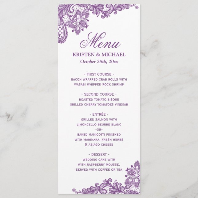 Élégant Lavande Purple dentelle Motif Menu Mariage (Devant)