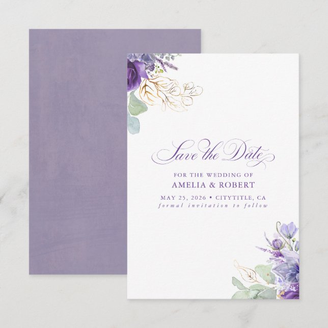Élégant Lavande Violet Botanique Save the Date (Devant / Derrière)