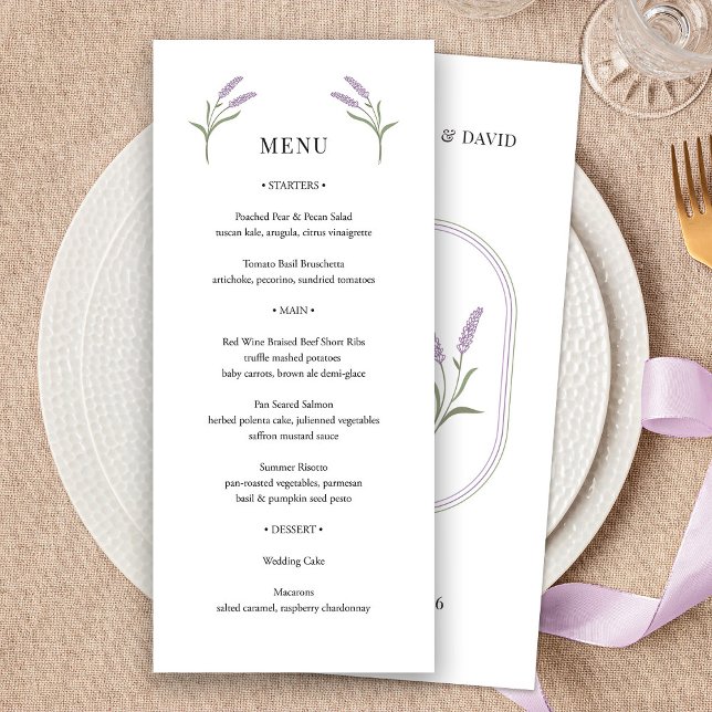 Elégant Lavender Floral Mariage Menu (Elegant Lavender Floral Wedding Menu by Fiesta Valley Print)