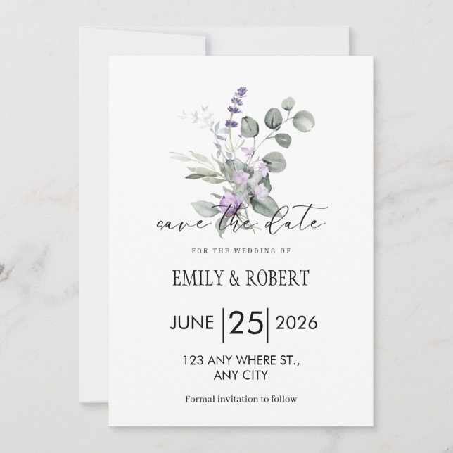 Elegant Lavender Floral Minimalist Save the Date (Devant)