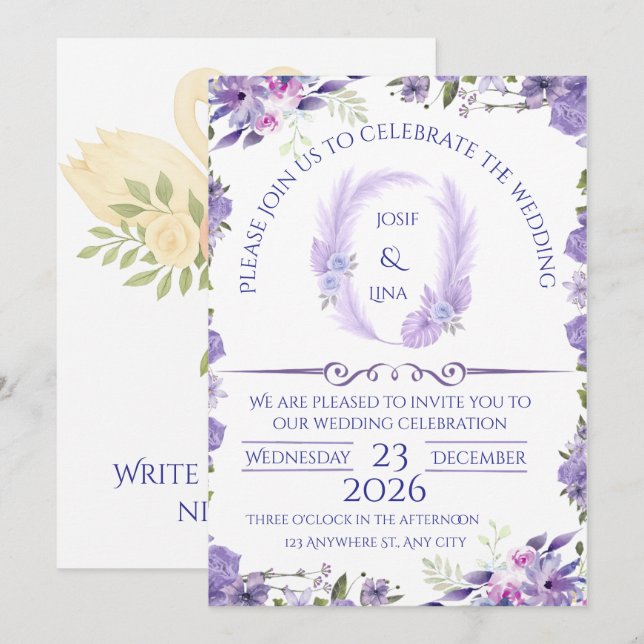 Elegant Lavender Floral Wedding Invitation (Devant / Derrière)