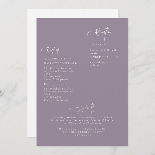 Élégant Lavender Mariage détails Invitation (Devant / Derrière)
