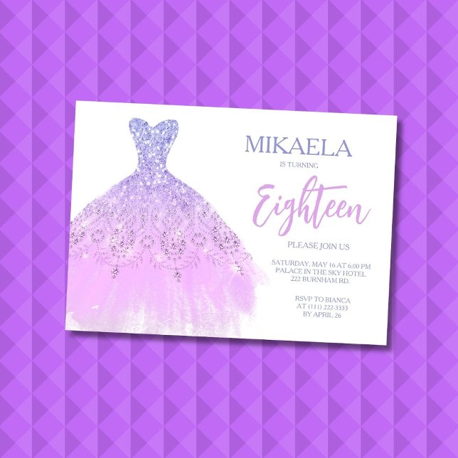 Elegant Lila Gown Glitter 18th Birthday Invitation (Créateur téléchargé)