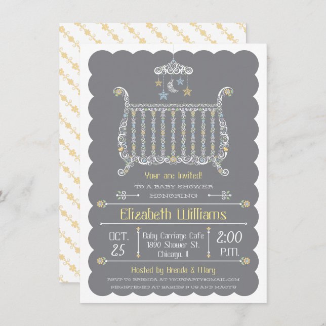 Élégant lit — Invitation Baby shower (Devant / Derrière)