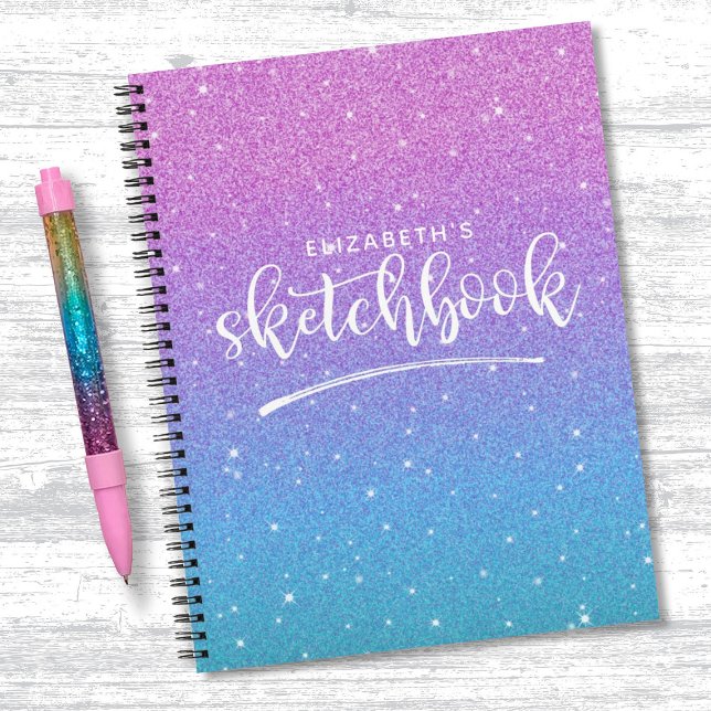 Elégant Livre de croquis Ombre Parties scintillant (A cute pupuple and blue glitter sketchbook. Personalize it with your name.)