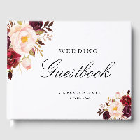 Elégant livre d'or mariage à fleurs bordeaux et ro
