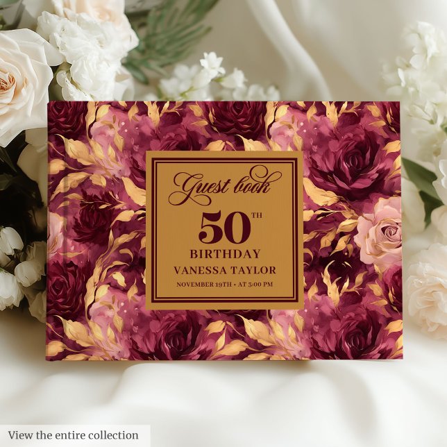Elégant livre d'or roux bordeaux rose 50e (Elegant Boho Burgundy Gold Floral 50th Guest Book)