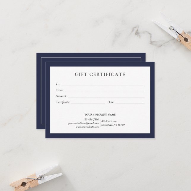 Élégant logo de certificat cadeau d'affaires bleu  (Devant/Arrière en situation)