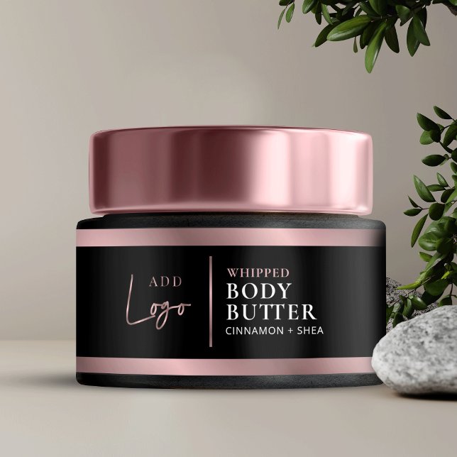 Élégant logo noir et Rose or Étiquette jar cosméti (Black and faux rose gold skincare jar packaging labels with space for your logo & product details)