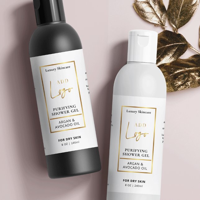 Élégant logo or 8 OZ Étiquette bouteille cosmétiqu (Elegant white and faux gold cosmo bottle labels for lotions, shampoo, conditioner, cleansers etc.)