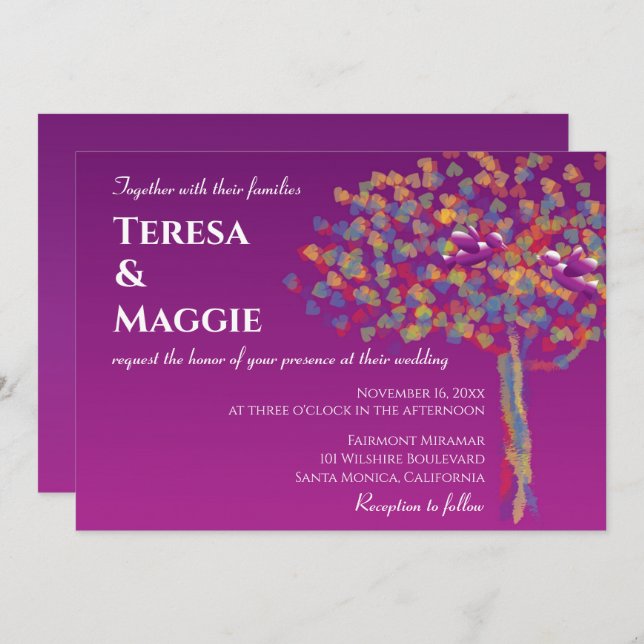 Élégant Lovebirds Cassis violet Faire-part de mari (Devant / Derrière)