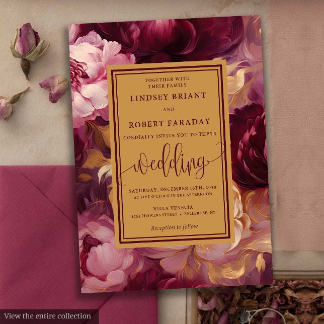 Élégant Lux Burgundy Gold Roses Faire-part de mari (Elegant Lux Burgundy Gold Roses Wedding Invitation)