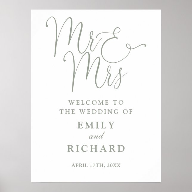Élégant M. Et Mme Sage Green Mariage Affiche de bi (Devant)