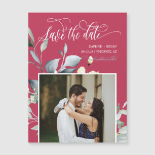 Élégant Magenta Green Feuilles Save the Date Magne