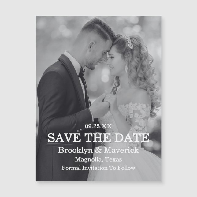 Élégant Magnet de Photo de Save The Date en Noir & (Devant)