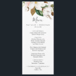 Elégant Magnolia Blanc & Blush Mariage Dîner Menu<br><div class="desc">Cette élégante carte à la carte de dîner aux tons blanc et bleu mariage est parfaite pour un mariage moderne et élégant. La décoration florale douce est composée de pivoines roses vertes et aquarelles, de magnifiques fleurs de magnolia blanches et de coton avec de l'or et des feuilles verts dans...</div>