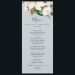 Elégant Magnolia Blue Grey Mariage Dîner Menu<br><div class="desc">Cette élégante carte de dîner mariage gris magnolia est parfaite pour un mariage moderne et élégant. Le design floral doux est composé de pivoines roses vertes et aquarelles, de magnifiques fleurs de magnolia blanches et de coton avec des feuilles d'or et de vert, dans un agencement luxueux sur un arrière...</div>