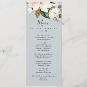 Elégant Magnolia Blue Grey Mariage Dîner Menu