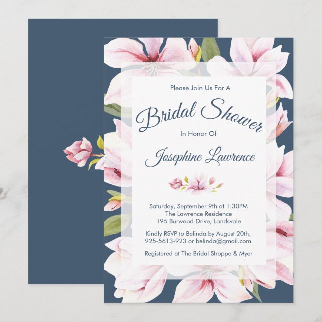 Elégant Magnolia Floral Douche nuptiale Invitation (Devant / Derrière)