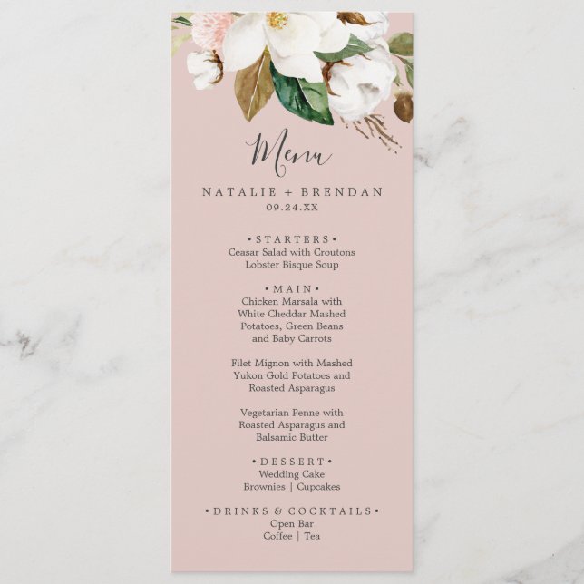 Élégant Magnolia | Menu Dîner Mariage Rose (Devant)