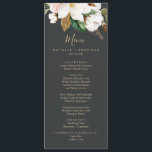 Elégant Magnolia Noir & Blanc Mariage Dîner Menu<br><div class="desc">Cette élégante carte de dîner en mariage noir et blanc de magnolia est parfaite pour un mariage de classe moderne. Le design floral moody est composé de pivoines roses d'aquarelle, de magnifiques fleurs de magnolia blanches et de coton avec de l'or et des feuilles verts dans un agencement luxueux sur...</div>