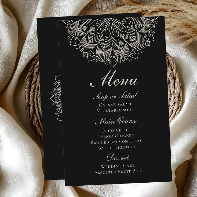 Élégant Mandala Indien Boho Menu de Mariage Noir (Créateur téléchargé)