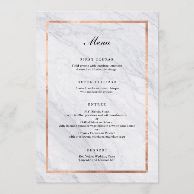 Elégant Marbre Moderne & Rose Gold Mariage Menu (Devant)