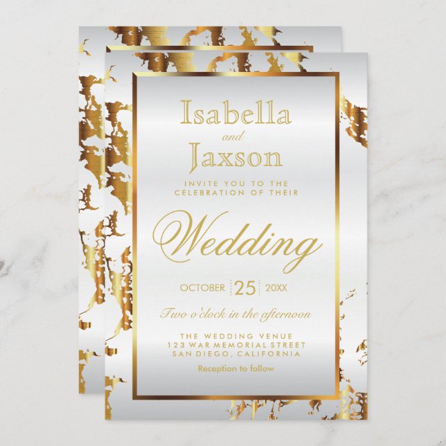 Elégant Marbre Or et blanc Satin Invitation (Devant / Derrière)