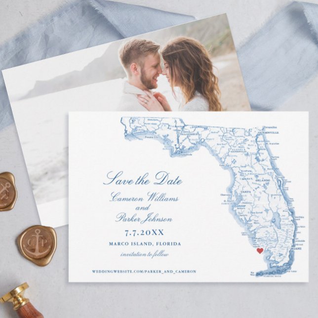 Elégant Marco Island Florida Mariage Navy Carte (Elegant Marco Island Florida Wedding sace the dates with navy blue map from Coastal Map Designs)