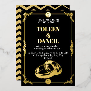 Élégant mariage Black and Gold Foil Invitation