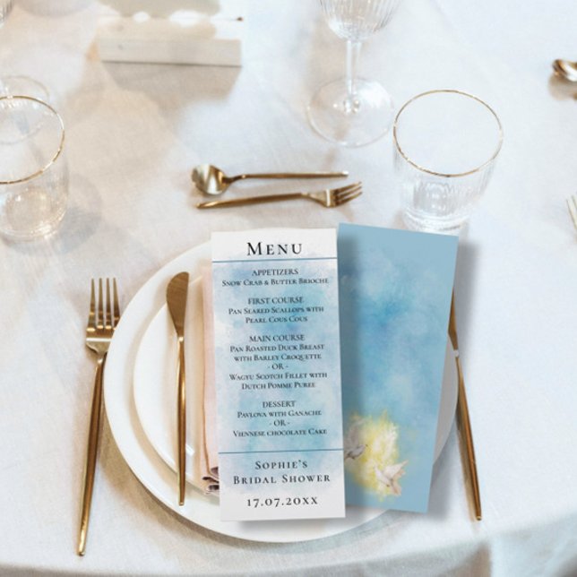 Elégant Mariage blanc Doves Blue Menu Card (Créateur téléchargé)
