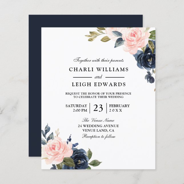 Elégant Mariage Blush de la Marine sur une invitat (Devant / Derrière)