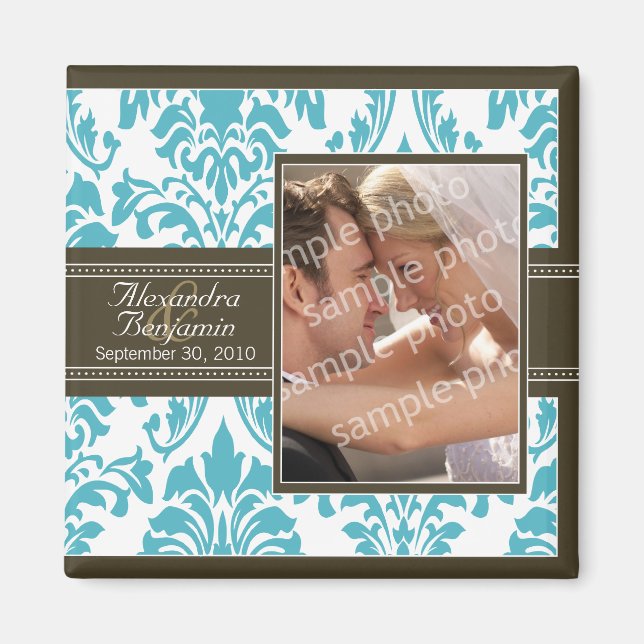 Élégant Mariage damassé Favor Magnet : aqua/brun (Devant)