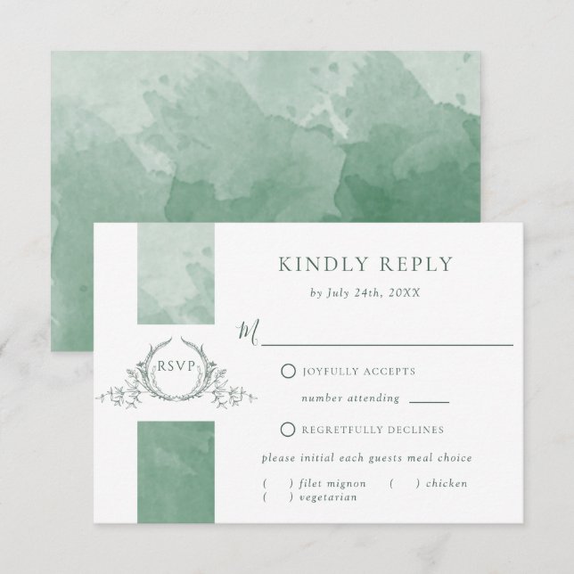 Elégant Mariage d'aquarelle verte Monogramme RSVP (Devant / Derrière)