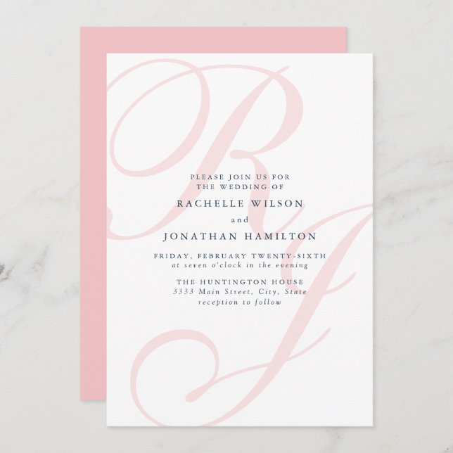 Élégant Mariage de corail Monogramme Invitation mi (Devant / Derrière)
