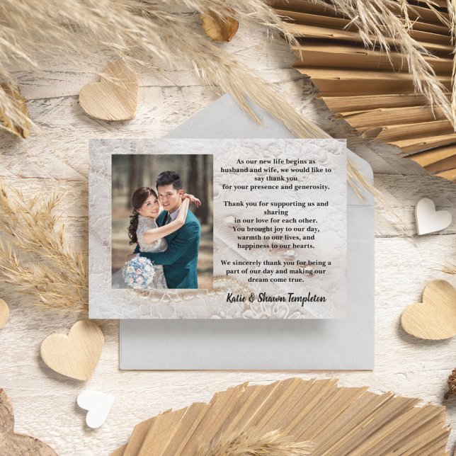 Elégant Mariage de dentelle blanche Merci photo (Elegant wedding thank you mailing with perfect wording.)