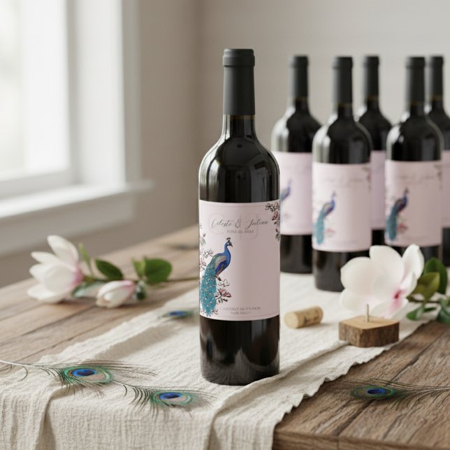 Élégant Mariage de Peacock rose Pink Étiquettes de (Elegant Peacock Wedding Wine Bottle Labels. Pretty Blue & Teal Feathers on Blush Pink with Monogram)