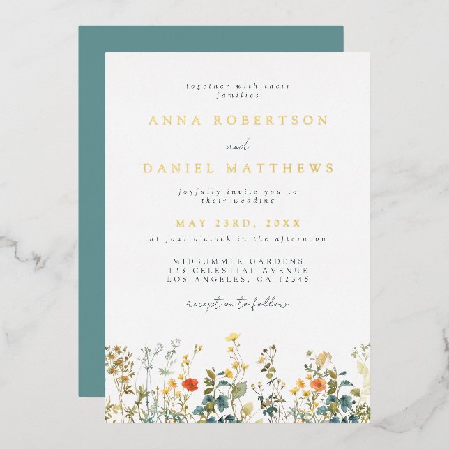 Élégant Mariage Fleur sauvage Foil Invitation (Recto/Verso)