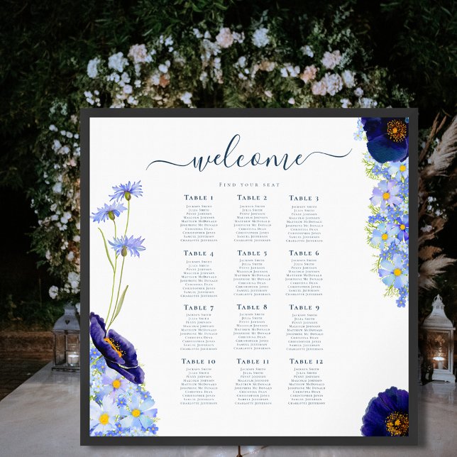 Élégant Mariage floral bleu 12 Tableau de siège (Elegant blue floral Wildflower wedding 12 table seating chart poster )
