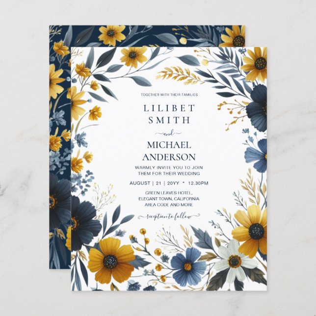 Elégant Mariage floral bleu bleu jaune or marine (Devant / Derrière)